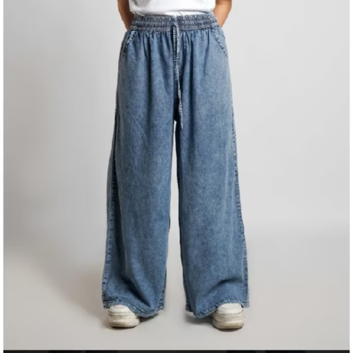 Celana Kulot Panjang Jeans Wanita Fit Super Jumbo 100kg Bigsize Jumbo Pinggang Karet Coco DLINE